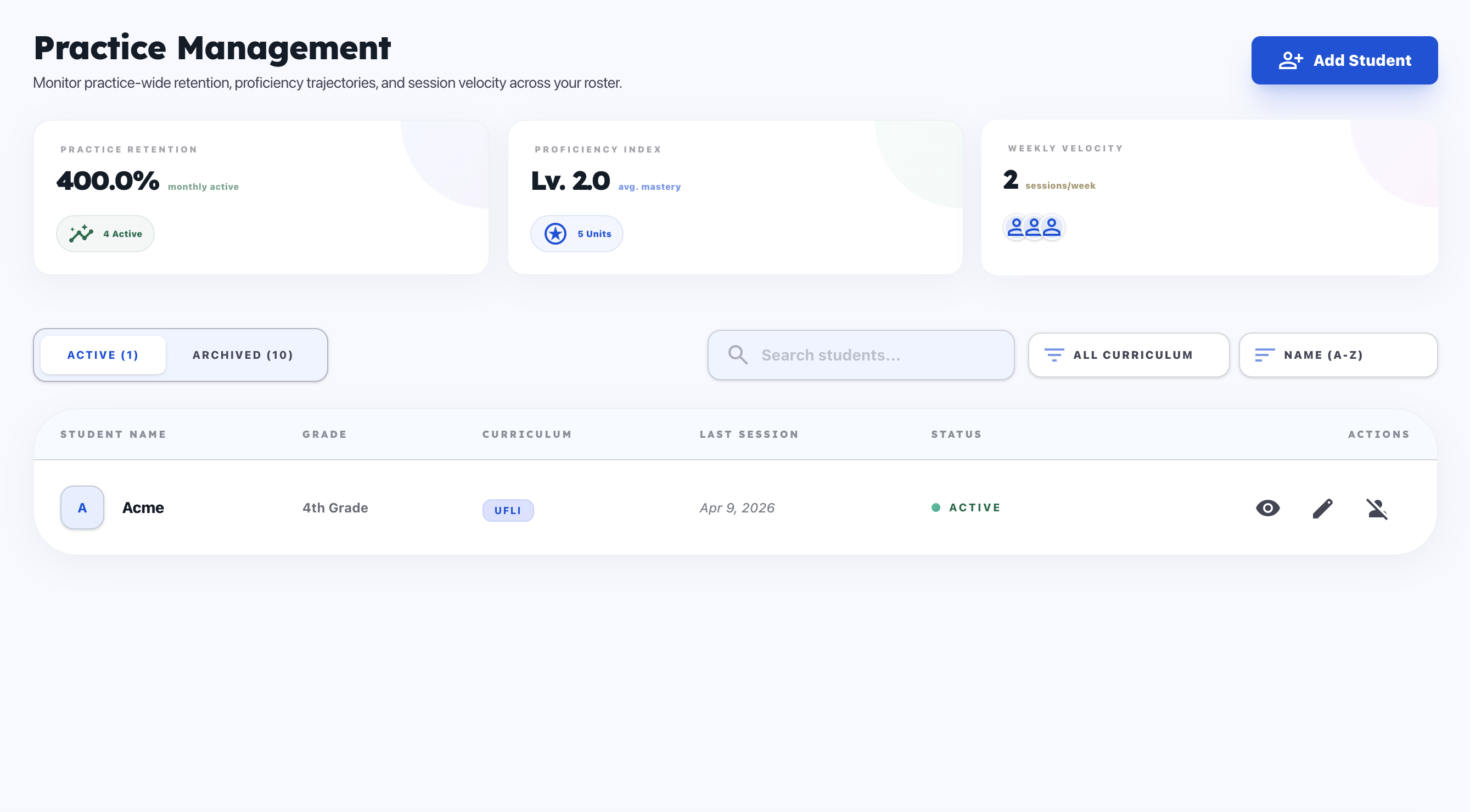 Students roster with filters