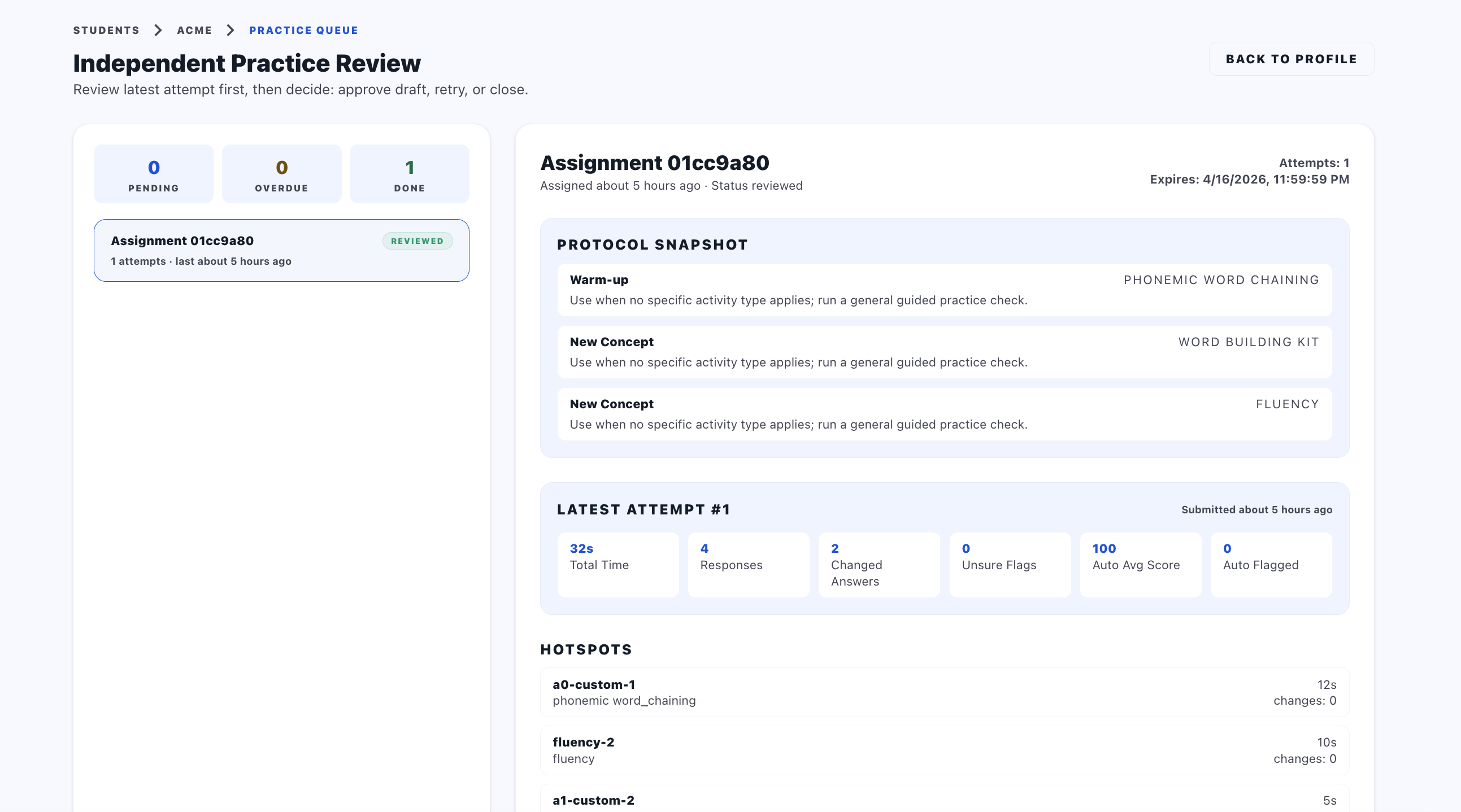 Independent practice review screen (part 1)