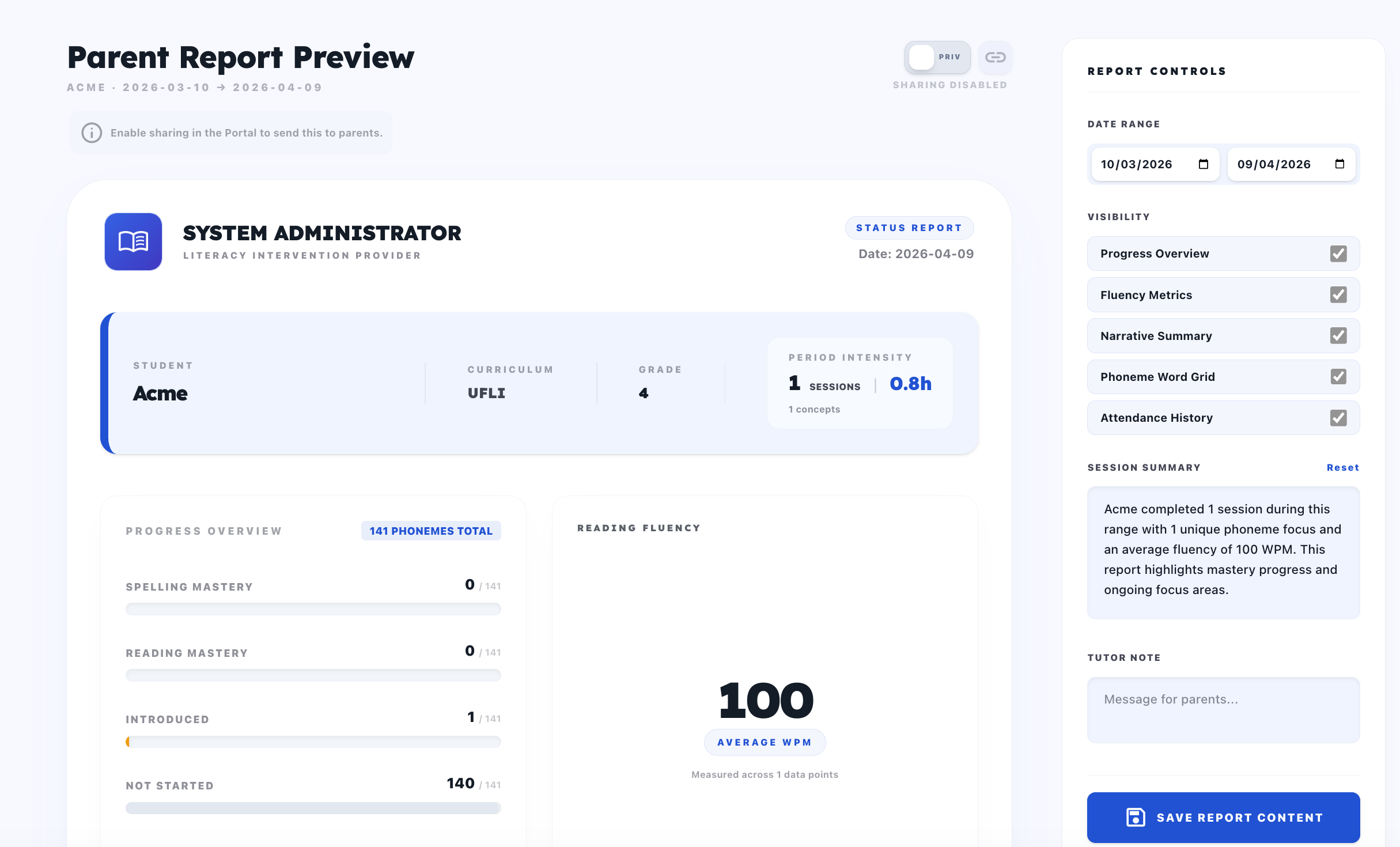 Parent report preview workspace