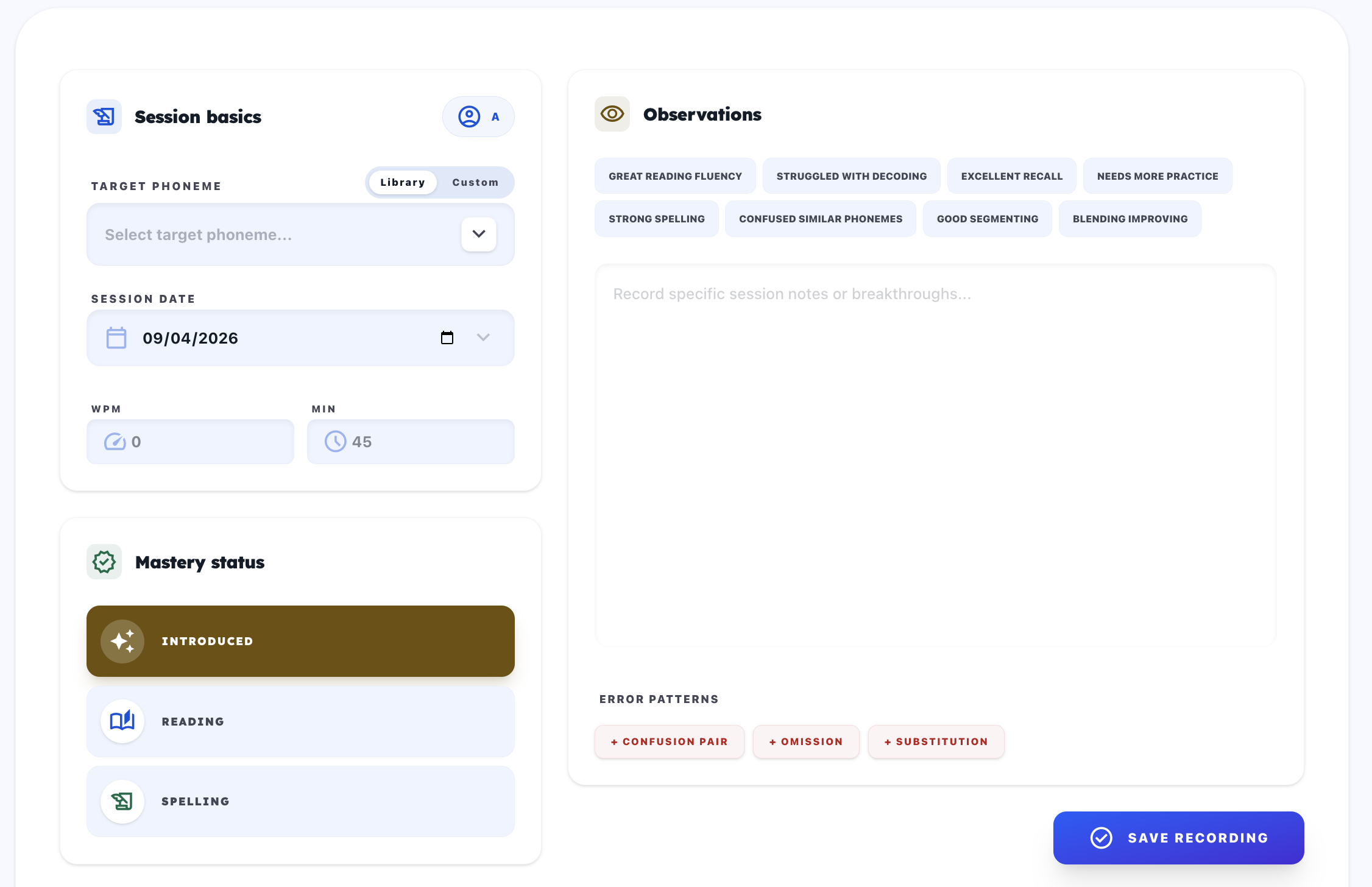 Student session recording form